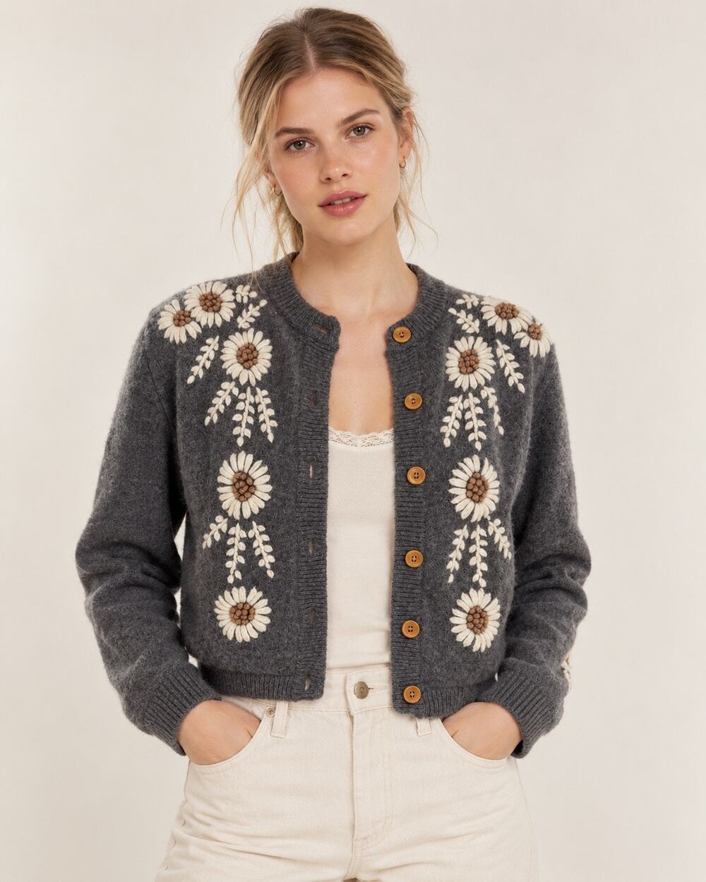 Alex Mill Becca Cardigan M Gray 100% Wool Floral Embroidered Daisy Cottagecore